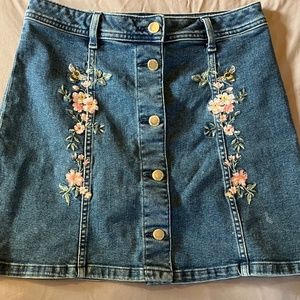 Flower Embroidered Jean Skirt